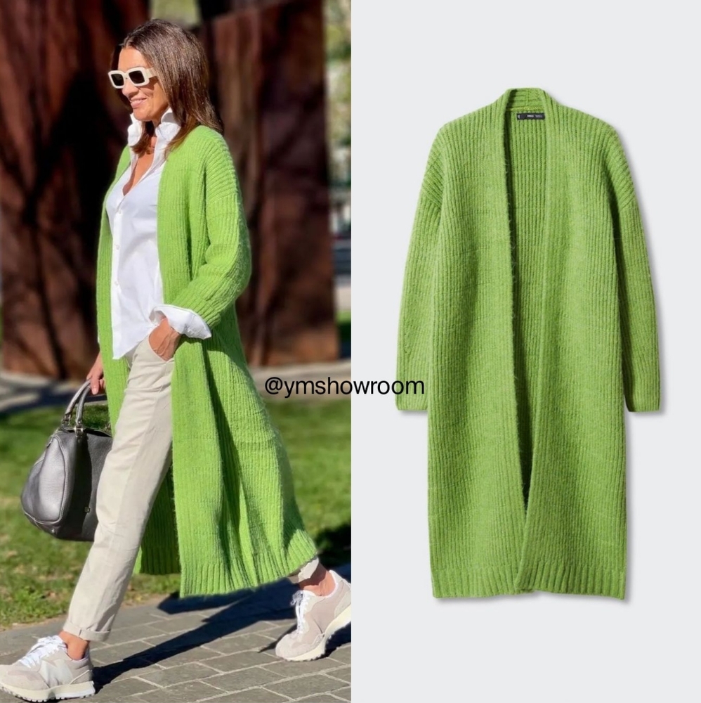 Mango Long Open-Front Knit Cardigan in Lime Green